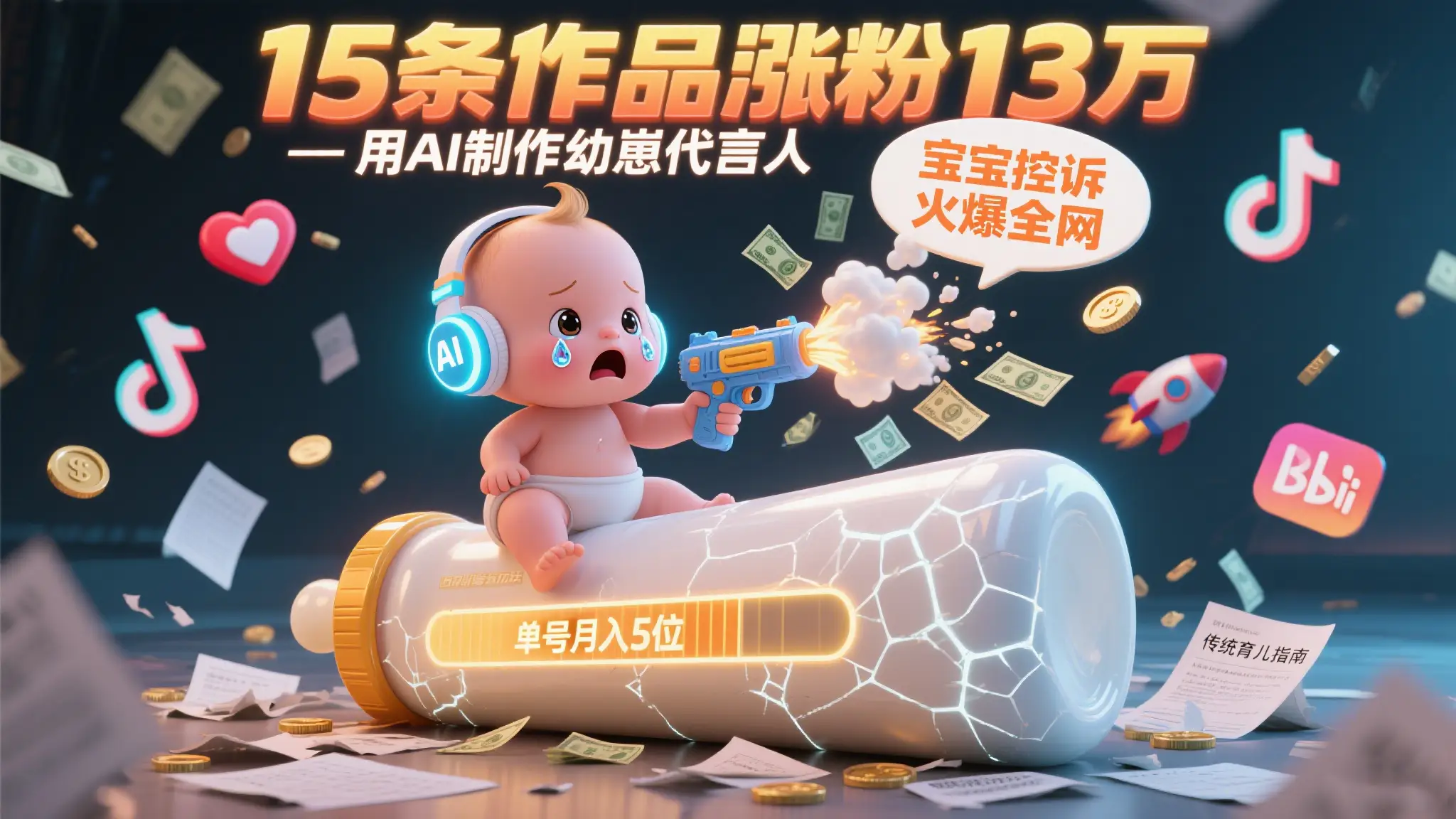 用AI制作幼崽代言人，宝宝的控诉火爆全网，15条作品涨粉13万，单号月入5位数实操教程