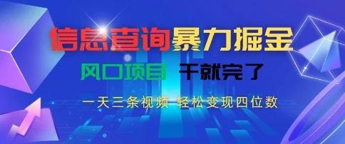 信息查询暴力掘金，一天三条视频，轻松变现四位数，风口项目干就完了【揭秘】