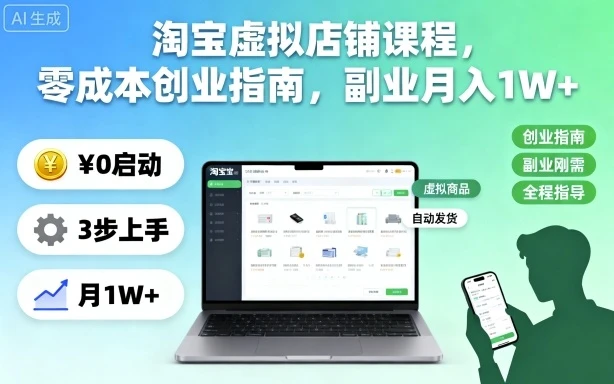 淘宝虚拟店铺课程，零成本创业指南，副业月入1W+