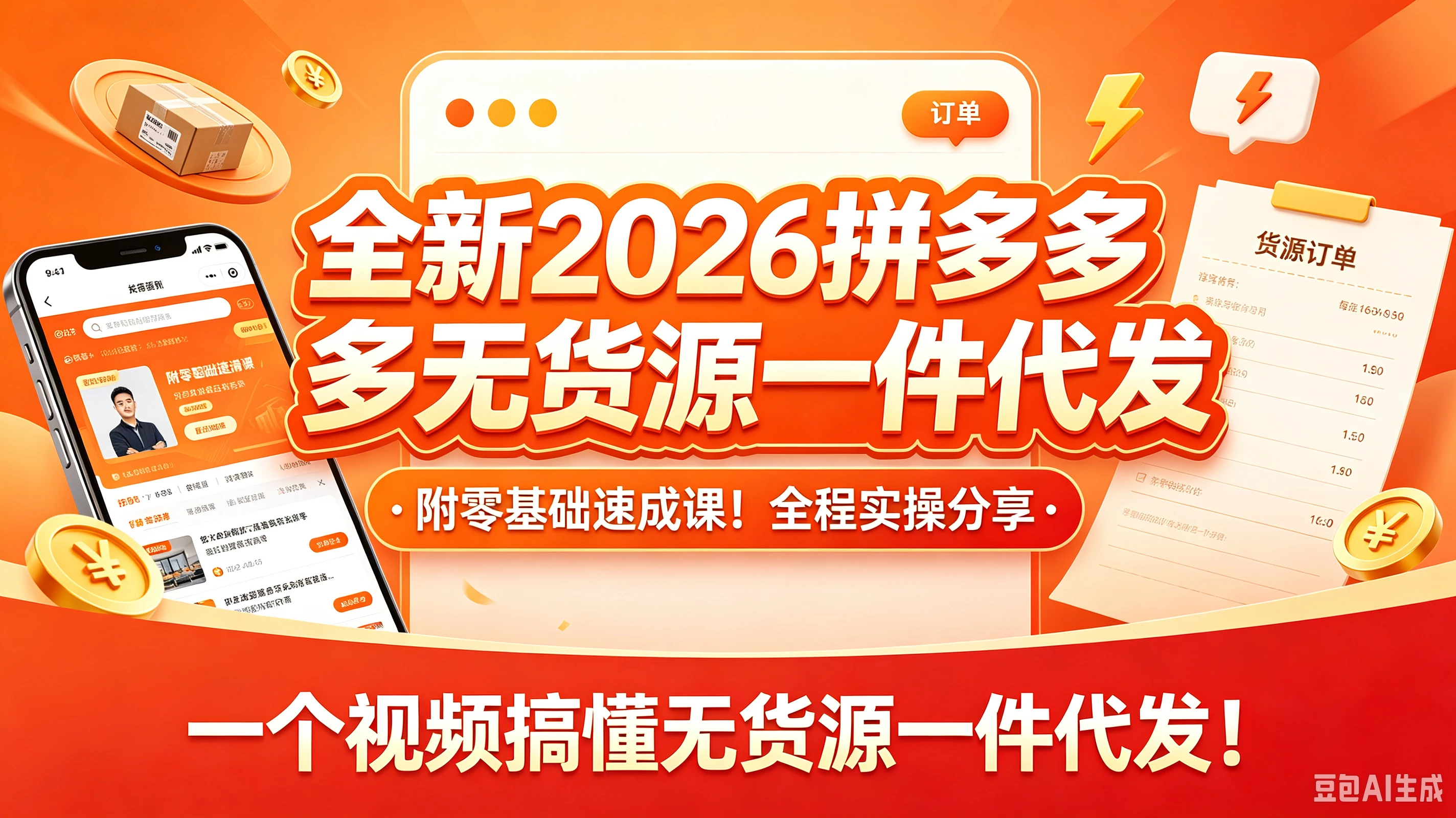 【精】全新2026拼多多无货源一件代发,附零基础速成课!全程实操分享,一个视频搞懂无货源一件代发!