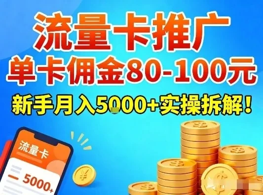 流量卡推广，单卡佣金80-100，新手月入5k+实操拆解！