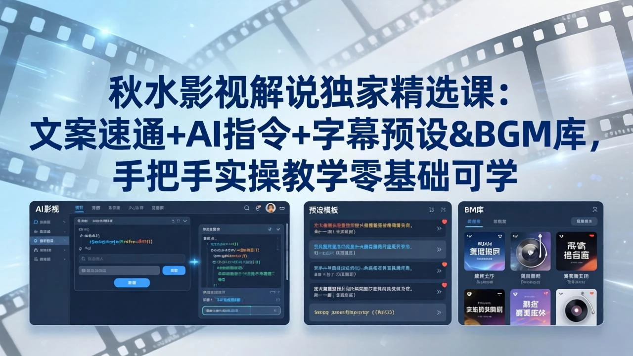 【精】秋水影视解说独家精选课：文案速通+AI指令+字幕预设+BGM库，手把手实操教学零基础可学