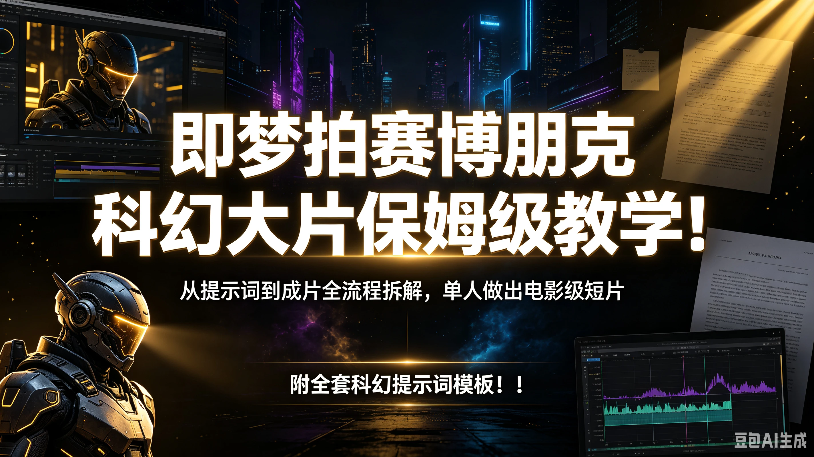 【精】即梦拍赛博朋克科幻大片保姆级教学!从提示词到成片全流程拆解,单人做出电影级短片,附全套科幻提示词模板!!