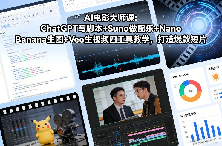 【精】AI电影大师课：ChatGPT写脚本+Suno做配乐+Nano Banana生图+Veo生视频，打造爆款短片