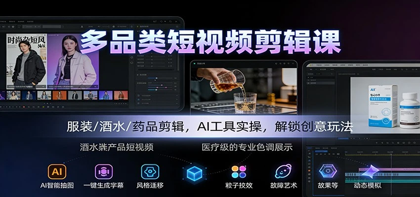 【精】多品类短视频剪辑课：服装/酒水/药品剪辑，AI工具实操，解锁创意玩法