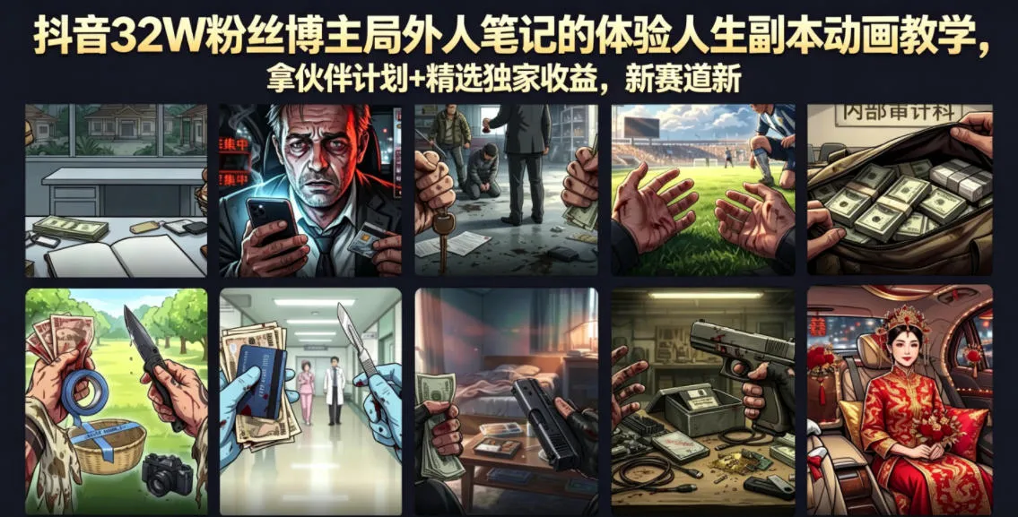 【精】抖音32W粉丝博主局外人笔记的体验人生副本动画教学，拿伙伴计划+精选独家收益，新赛道新涨粉快（录制版）